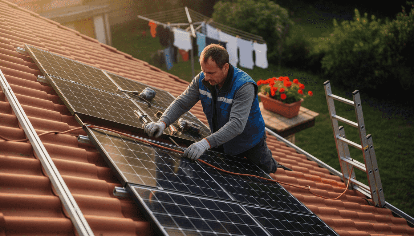 Un tecnico specializzato si occupa dell’installazione di pannelli solari ibridi sul tetto di una casa.