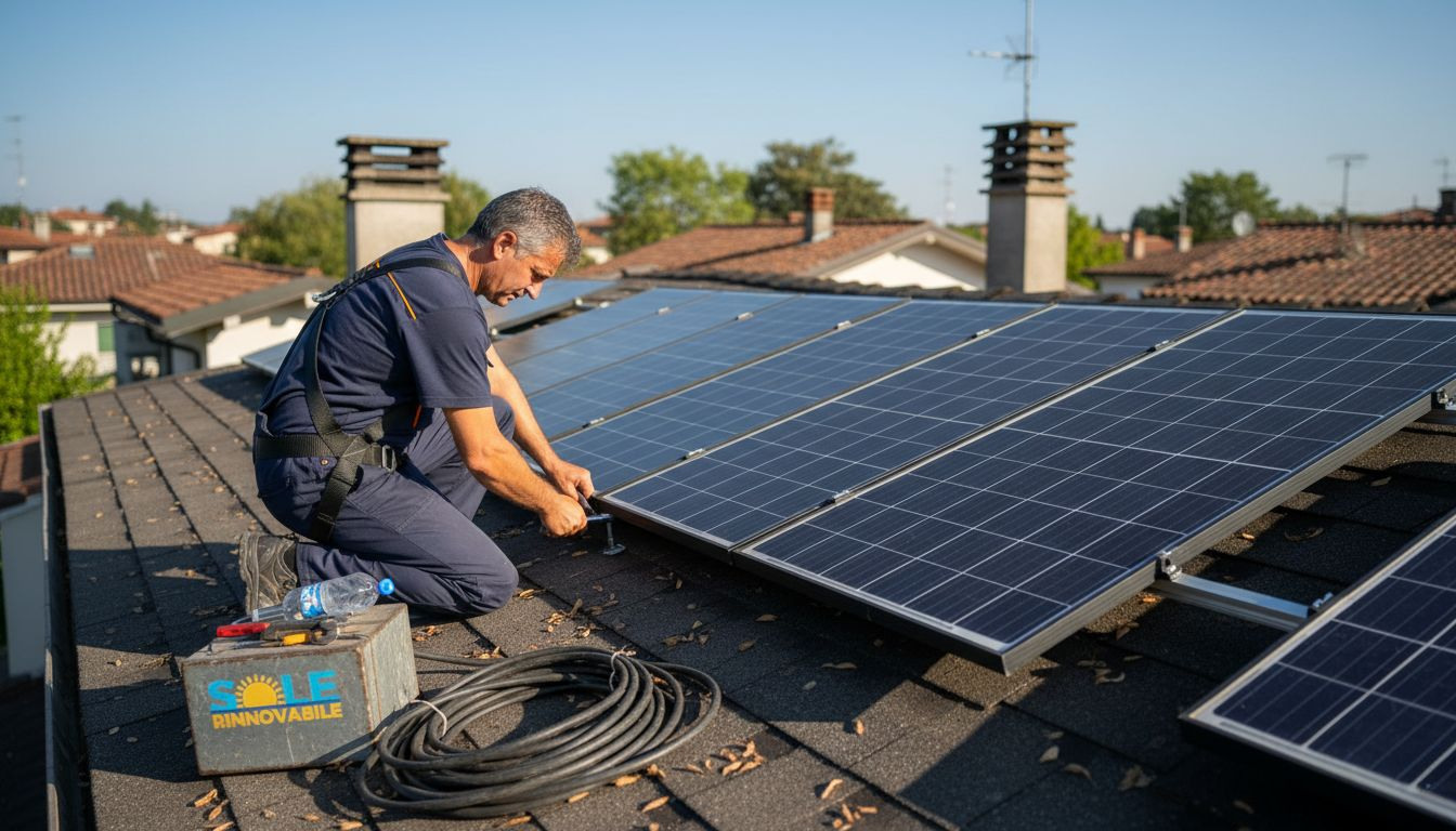 Un tecnico sta montando pannelli solari sul tetto di una casa.